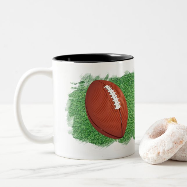 Football with Artistic Image of Grass Personalize Two-Tone Coffee Mug (With Donut)