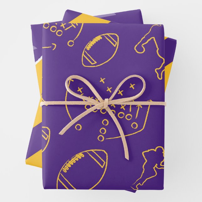 Football Wrapping Papers - Purple and Yellow Wrapping Paper Sheet (In situ)