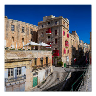 Footbridge, narrow street with stairs in Valletta Poster