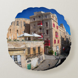 Footbridge, narrow street with stairs in Valletta Round Pillow