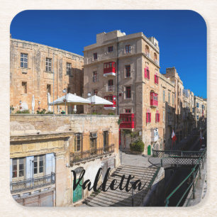 Footbridge, narrow street with stairs in Valletta Square Paper Coaster