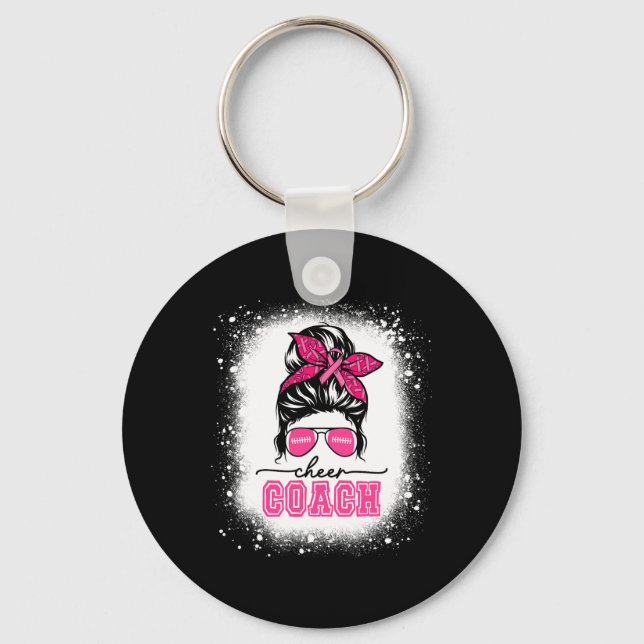 Footll Messy Bun Mom Cheer Coach Breast Cancer Ble Keychain (Front)