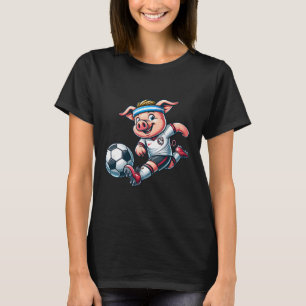 Footll Pig Mascot Playing Soccer Cartoon Striker  T-Shirt