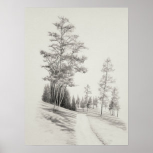 Footpath and trees Sketch, vintage etching, pencil Poster