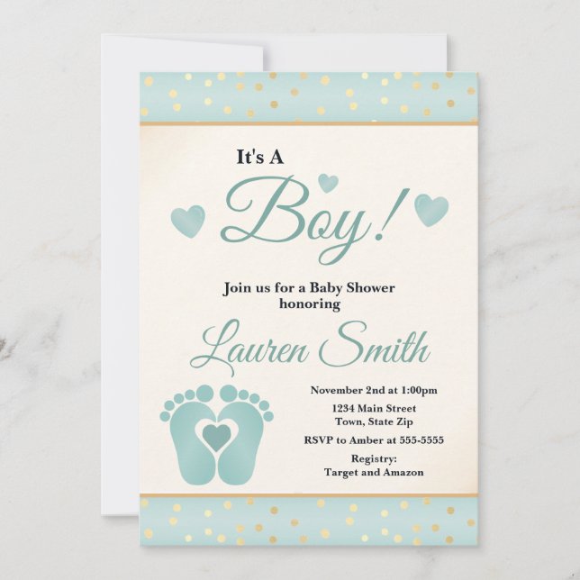 Footprint Baby Shower Invitation Boy, Baby Toes (Front)