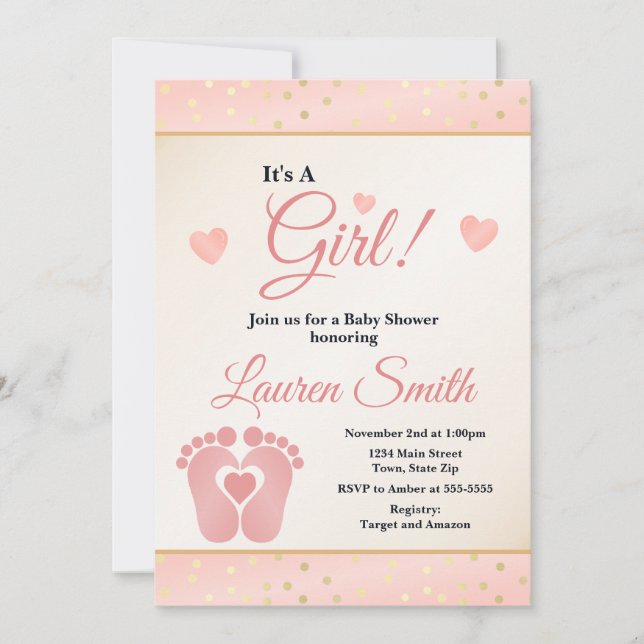 Footprint Baby Shower Invitation Girl, Baby Toes (Front)