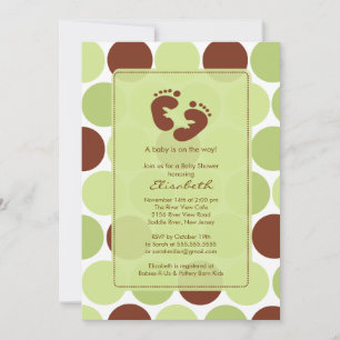 Footprint Baby Shower Invitation Green Polka Dots