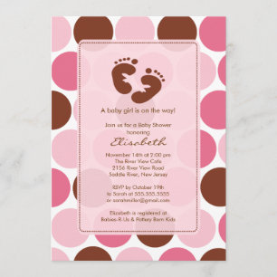 Footprint Baby Shower Invitation Pink Polka Dots