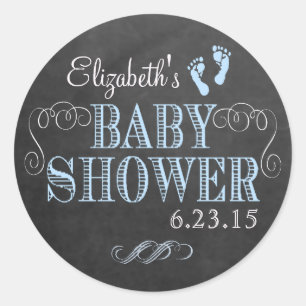Footprints and Chalkboard Look In Blue Baby Shower Classic Round Sticker