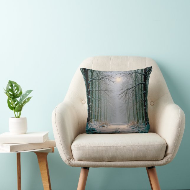 Footprints In a Snowy Forest In Moonlight Throw Pillow (Chair)