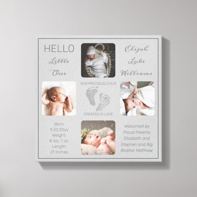 Footprints Multiple Photo Grey Birth Keepsake Canvas Print (Front)