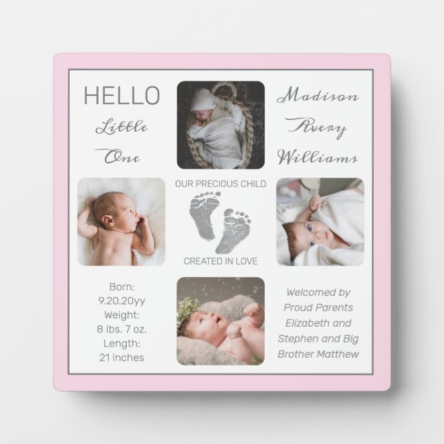 Footprints Multiple Photo Pink Birth Keepsake Plaque (Front)
