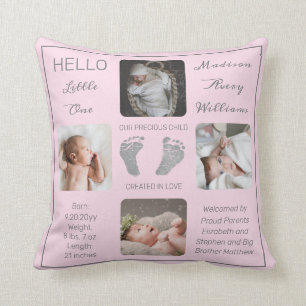 Footprints Multiple Photo Pink Birth Keepsake Throw Pillow