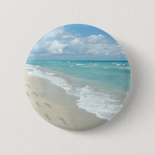 Footprints on White Sandy Beach, Scenic Aqua Blue 2 Inch Round Button