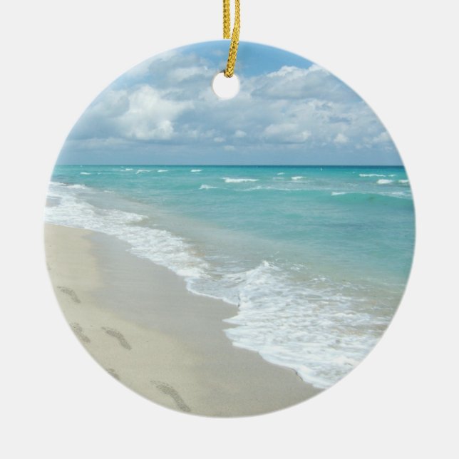 Footprints on White Sandy Beach, Scenic Aqua Blue Ceramic Ornament (Front)