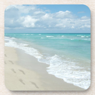 Footprints on White Sandy Beach, Scenic Aqua Blue Coaster
