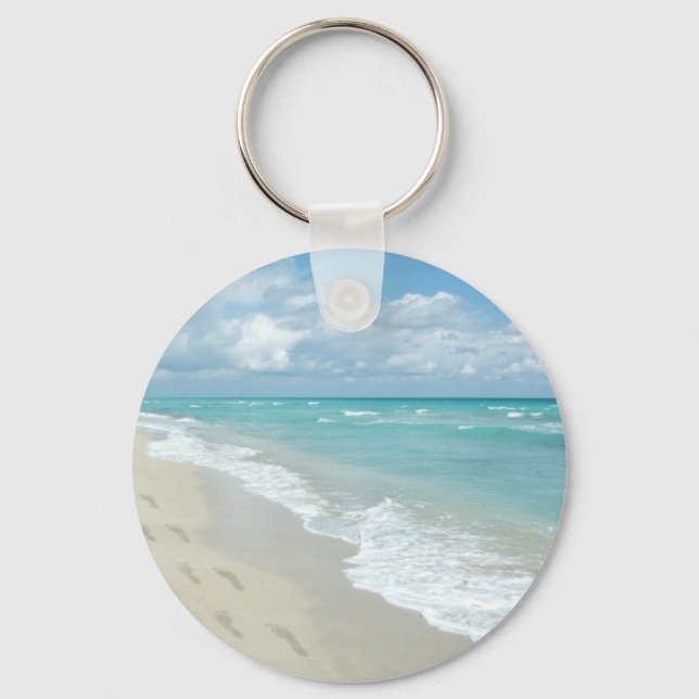 Footprints on White Sandy Beach, Scenic Aqua Blue Keychain (Front)