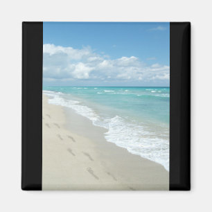 Footprints on White Sandy Beach, Scenic Aqua Blue Magnet