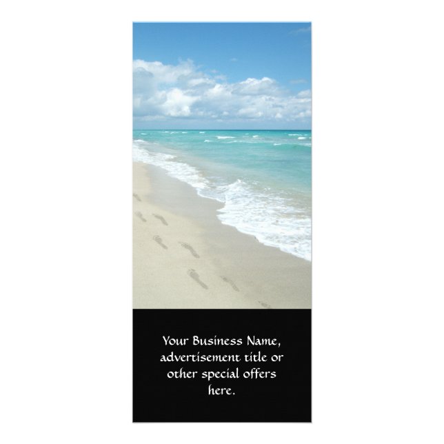Footprints on White Sandy Beach, Scenic Aqua Blue Rack Card (Front)