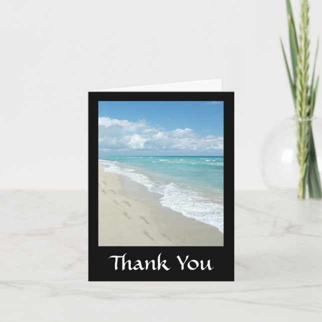 Footprints on White Sandy Beach, Scenic Aqua Blue Thank You Card (Front)