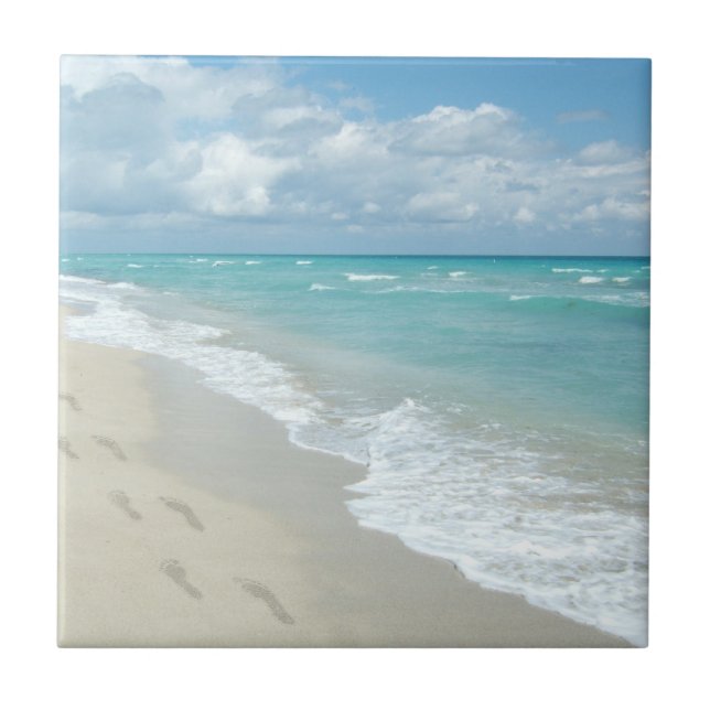 Footprints on White Sandy Beach, Scenic Aqua Blue Tile (Front)