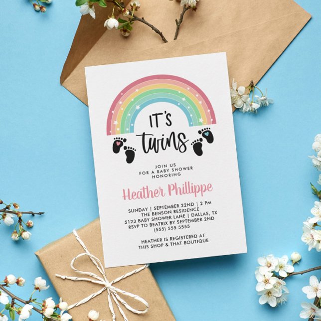 Footprints Rainbow Boy & Girl Twins Baby Shower Invitation (Creator Uploaded)