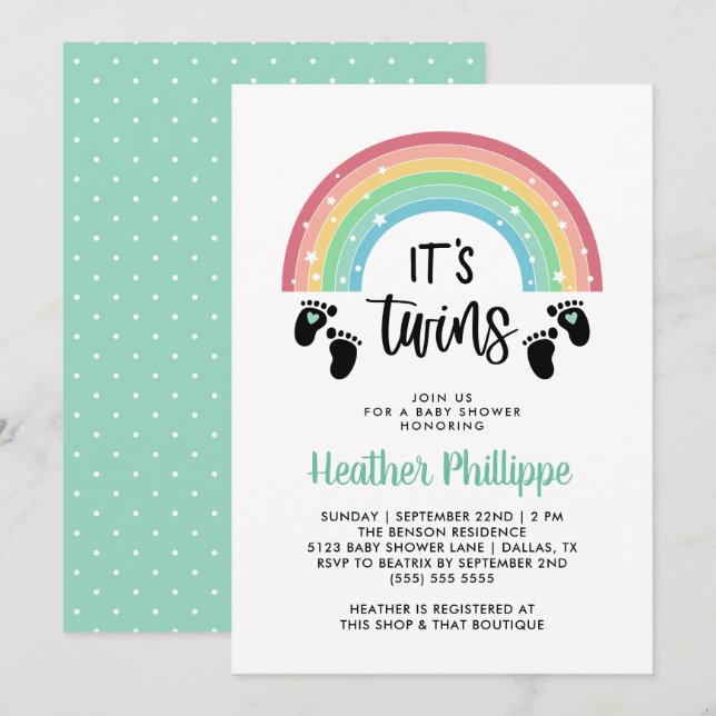 Footprints Rainbow It's Twins Baby Shower Invitation (Front/Back)