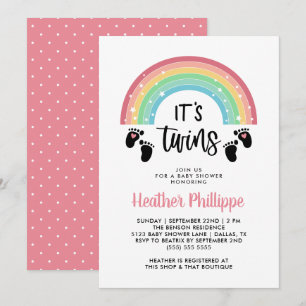 Footprints Rainbow Pink Girl Twins Baby Shower Invitation