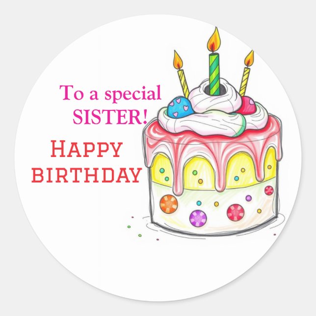 For a Special Sister Pink Yellow Roses Birthday Classic Round Sticker (Front)