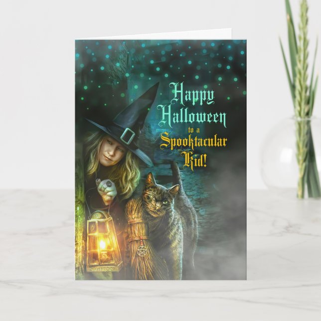 for a Spooktacular Kid Witch and Cat Halloween  Holiday Card (Front)
