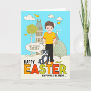 for a Young Godson on Easter Caucasian Boy Dog Card