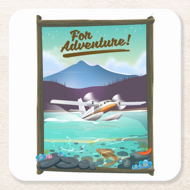For Adventure! Sea plane travel poster Square Paper Coaster (Front)
