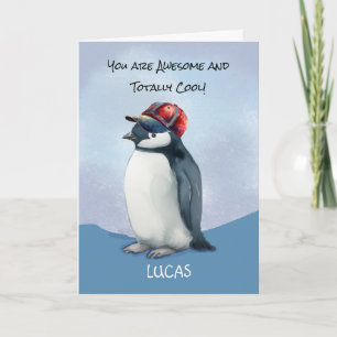 For Any Boy Birthday Penguin With Baseball Hat Card