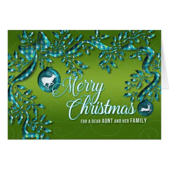 for Aunt and her Family Green Turquoise Christmas Card
