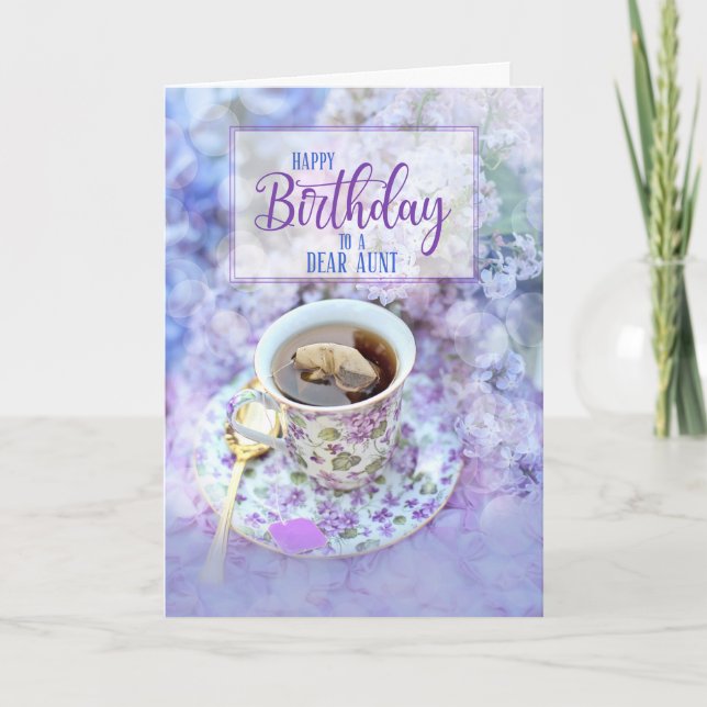 for Aunt Cup of Tea and Purple Flowers Birthday Card (Front)