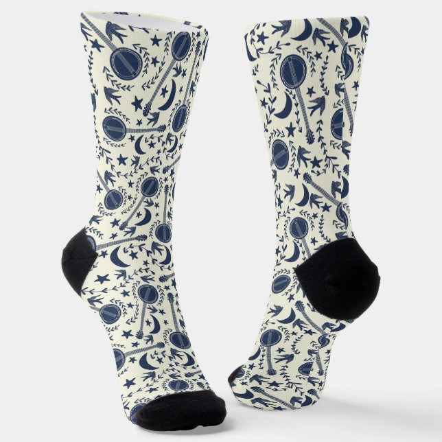 For Banjo Players Blue and Cream Folk Art Pattern Socks (Angled)