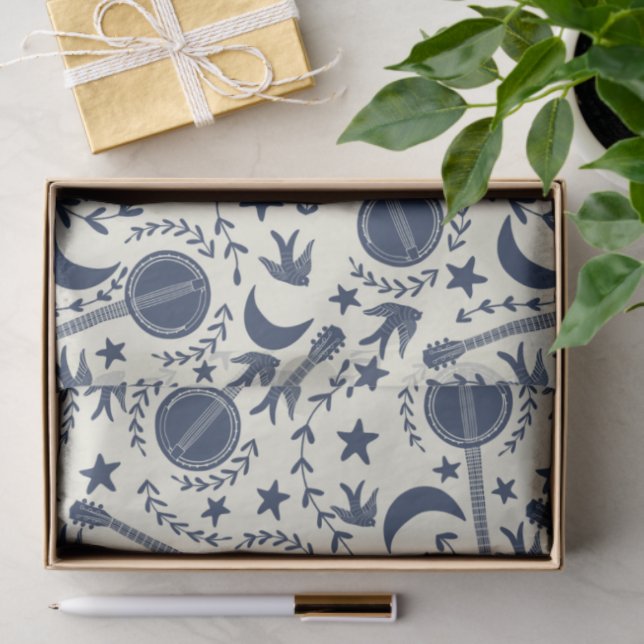 For Banjo Players Blue and Cream Folk Art Pattern Tissue Paper (Gift)