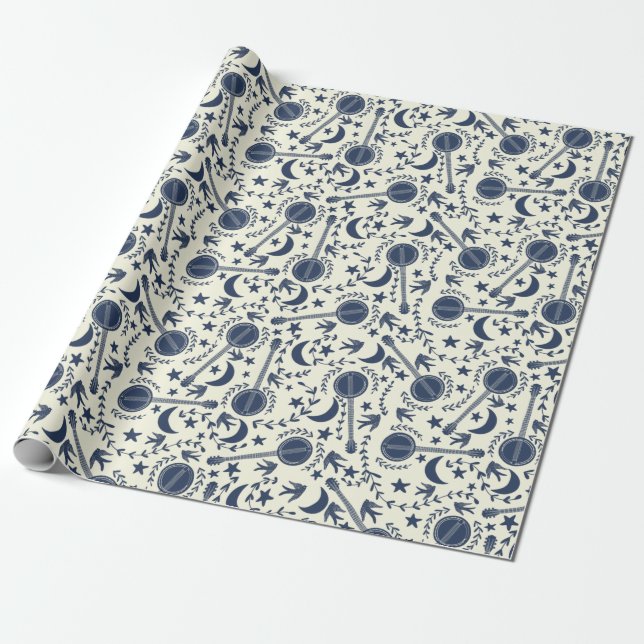 For Banjo Players Blue and Cream Folk Art Pattern Wrapping Paper (Unrolled)