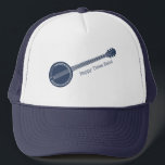 For Banjo Players Blue and White Custom Message Trucker Hat<br><div class="desc">Add the name of your bluegrass band,  your own funny slogan or the name of your favourite banjo player to create a one of a kind hat. This hat features an illustration of a banjo in navy blue with your own message spelled out in coordinating blue lettering.</div>