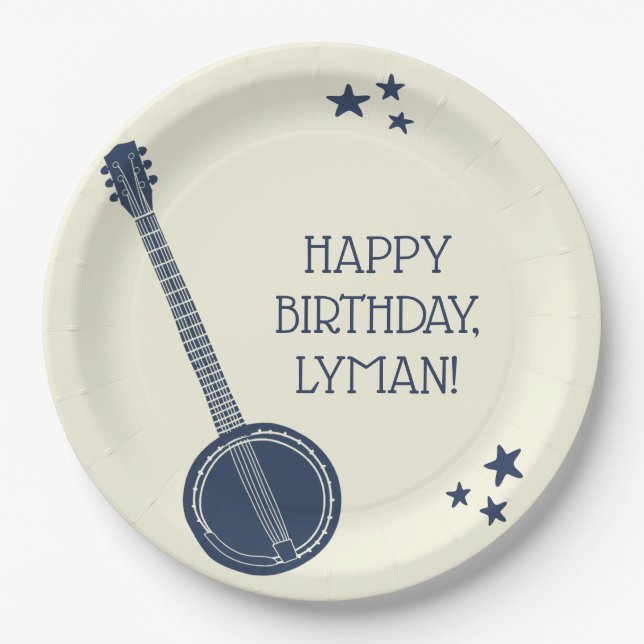 For Banjo Players Navy Blue Personalized Party Paper Plate (Front)