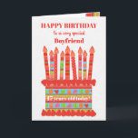 For Boyfriend Custom Age Birthday Cake Card<br><div class="desc">You can add the age to this brightly colored birthday card for your boyfriend, with a strawberry birthday cake. The cake has lots of candles with different patterns and there is a patterned band around the cake with colorful summer fruits - strawberries, raspberries, limes and orange slices. Above the cake,...</div>
