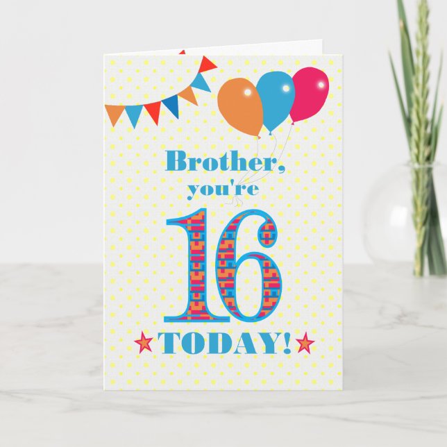For Brother 16th Birthday Bunting Balloons Card (Front)