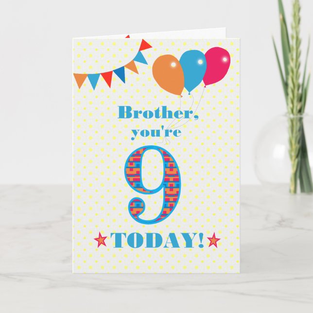 For Brother 9th Birthday Bunting Stars Balloons Card (Front)