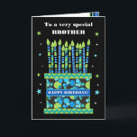 For Brother Birthday Cake with Candles Card<br><div class="desc">A bright birthday card for your brother, with lots of patterned candles on a birthday cake. At the top of the front cover, the words, 'To a very special BROTHER' are in a white lettering on the black background. There is a blue band around the cake with 'HAPPY BIRTHDAY!' also...</div>
