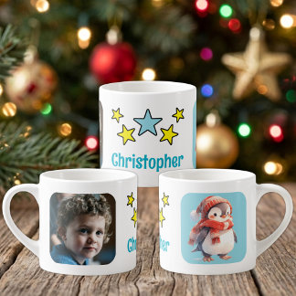 For children photo name penguin christmas blue espresso cup