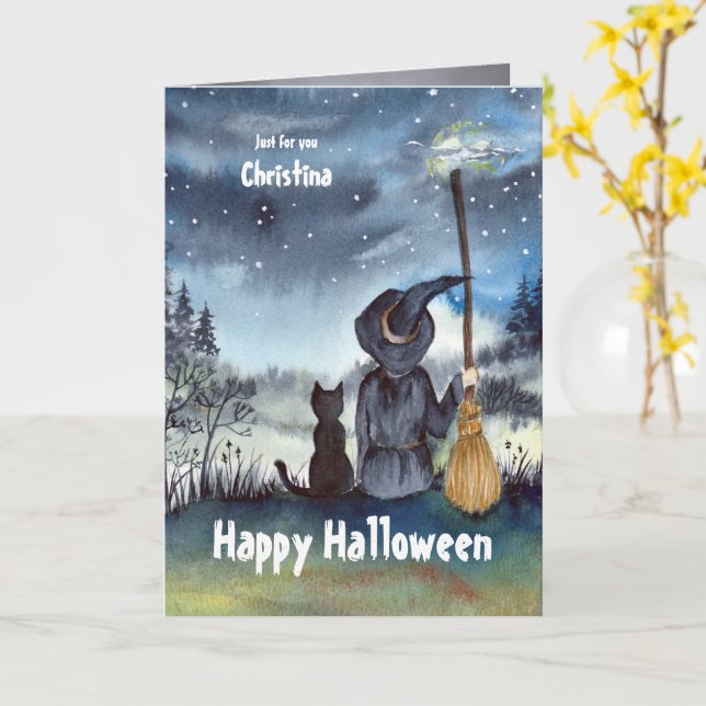 For Christina on Halloween Custom Black Cat Witch Card (Yellow Flower)