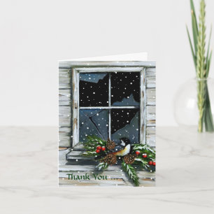 For Christmas Gift Bird, Barn Window, Snow Holiday Card