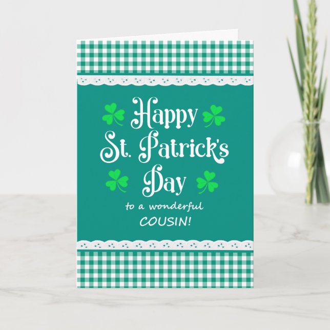 For Cousin St Patrick's Day Shamrocks Green Checks Card (Front)
