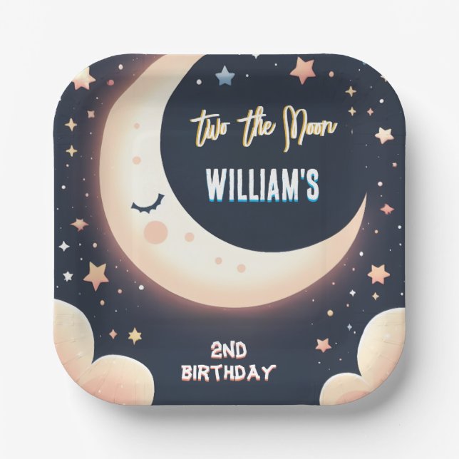 For Cute Space night sky Two The Moon 2nd Birthday Paper Plate (Front)