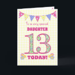 For Daughter 13th Birthday Primroses Bunting Card<br><div class="desc">A pretty 13th Birthday card for your daughter, with polka dot bunting, primrose flowers and numbers filled with a primrose pattern, all on a pale yellow check gingham background. The front cover message is, 'To a very special DAUGHTER 13 TODAY!' The inside message is just a suggestion and you can...</div>